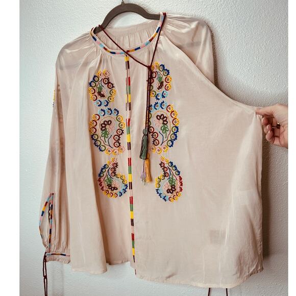 Fortela Ghodsi Tan Multicolor Beade Embroider Print Peasant Blouse 40 - Picture 7 of 16
